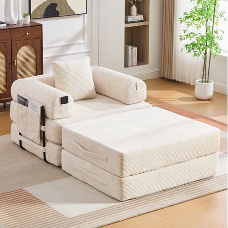 Canapé modulare in velluto a coste beige 112x190x67 cm con pouf, tasca laterale e cuscino (1/5)