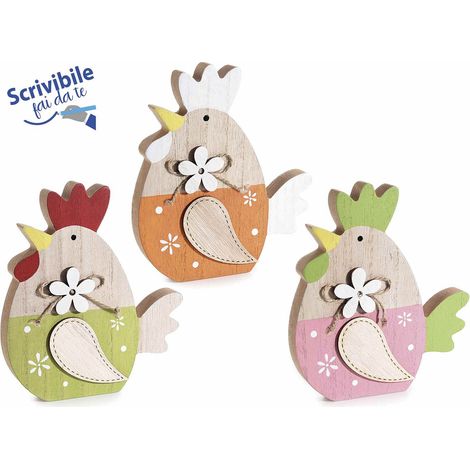 Poules décoratives en bois coloré à poser avec fleur et nœud, lot de 6, 15 x 2 x H. 17 cm