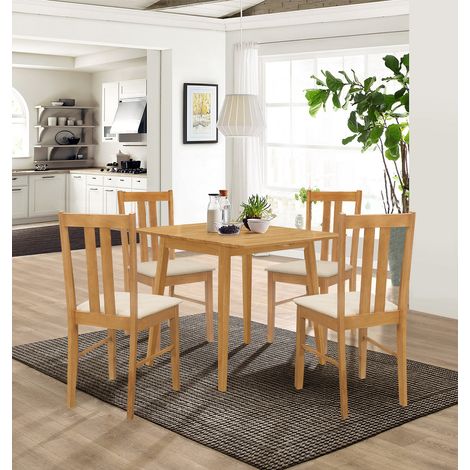 Hallowood Furniture Ledbury Small Dining table and Chairs Set 4, Light Oak Wooden Drop Leaf Table and Chairs with Warm Cream Fabric Seats, Space-saving Dining Room Sets for Home and Cafe (1/5)