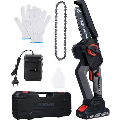 Mini motosega da potatura a batteria da 21 V con batteria da 4000 mAh e caricabatterie rapido, 6 pollici con 2 catene, velocità di 5800 giri/min per tagliare legna e giardini (1/5)