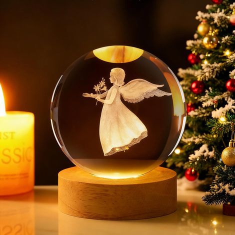 Veilleuse Boule de Cristal 3D,Boule Cristal Lumineuse Ange,Lampe 3D avec LED Multicolore Base en Bois,Veilleuse - Cadeau - Décoration Fantaisie de Chambre