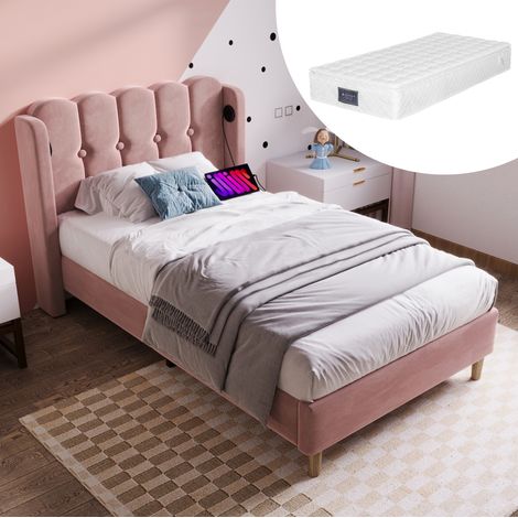 Cama individual 90x200 cm rosa en terciopelo con colchón, somier y puertos USB/USB-C (1/5)