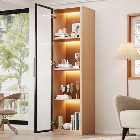 Vitrine haute LED multicolore 40x40x165 cm, meuble vitrine étroit, porte en verre trempé, fermeture douce, anti-basculement, MDF effet chêne (1/5)