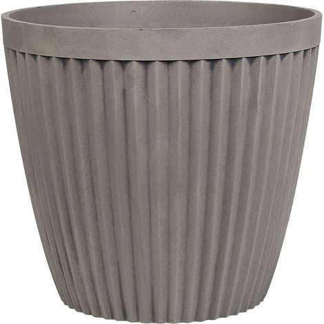 Cache-Pot Gris Taupe en Pierre et Polyrésine 44 cm Diamètre à Rayures Verticales Poka (1/5)