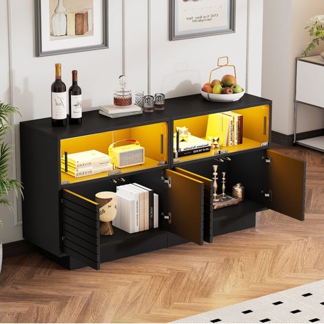 Sideboard 130x35x68 cm Schwarz aus Spanplatte und Glas mit LED-Beleuchtung, Schiebetüren und viel Stauraum (1/5)