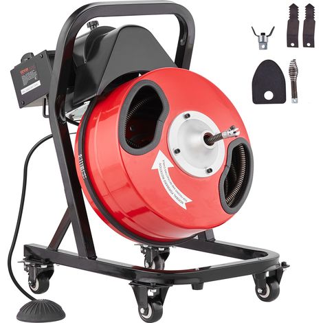 VEVOR Máquina de limpieza de drenaje de 50 pies x 1/2 pulgada, barrena de alcantarillado de alimentación manual sobre ruedas, con 4 cortadores e interruptor de pie neumático para tuberías de 2" a 4