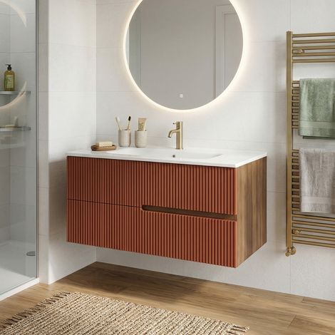 Meuble simple vasque L.100cm à suspendre Chêne Moka 2 tiroirs Brique cannelé EVA - sans colonne (1/5)