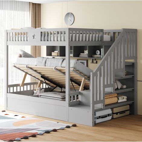 DESVIAE Lit mezzanine en bois avec rangement hydraulique étagères et escalier de rangement 140 x 200 cm gris (1/5)