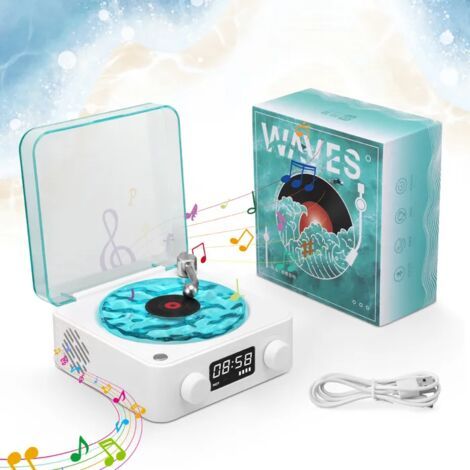 Lecteur vinyle, enceinte Bluetooth, haut-parleur vinyle vintage portable avec lumière et minuterie réglables pour chambre à coucher, fête, blan (1/5)