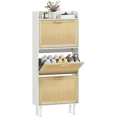 Meuble à chaussures 3 portes abattants étagère effet résene tressée design bohème 65 x 24,5 x 153 cm blanc