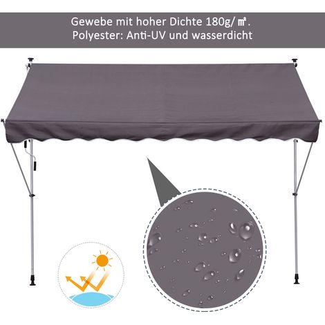Store-soleil ajustable avec manivelle, fixation par pinces, bras articulés réglables en hauteur, anti-tache et résistant aux intempéries, pour balcon, 150 cm largeur, gris, parfait pour terrasse, balc (1/4)