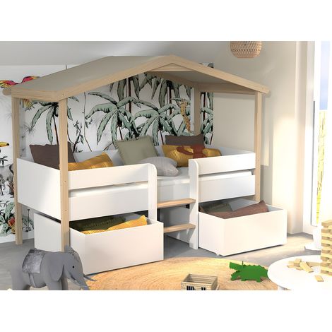 Lit cabane SAROSI avec tiroirs - 90 x 190 cm - Tilleul - Blanc et chêne + matelas (1/4)