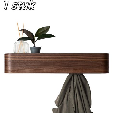 Porte-manteau mural en bois avec étagère et crochets escamotables – Pour entrée, chambre ou couloir – 52,7 × 7,2 × 10,1 cm – Marron (1/5)