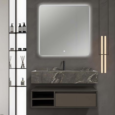 Mobile bagno sospeso 1 cassettone, base mobile, lavabo, specchio retroilluminato a LED - Colore marrone 80 cm