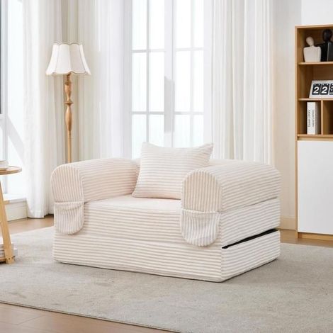 Fauteuil convertible - KOMHTOM - 120 x 85 x 65 cm - Velours côtelé beige - 1 place - Coussin inclus (1/5)