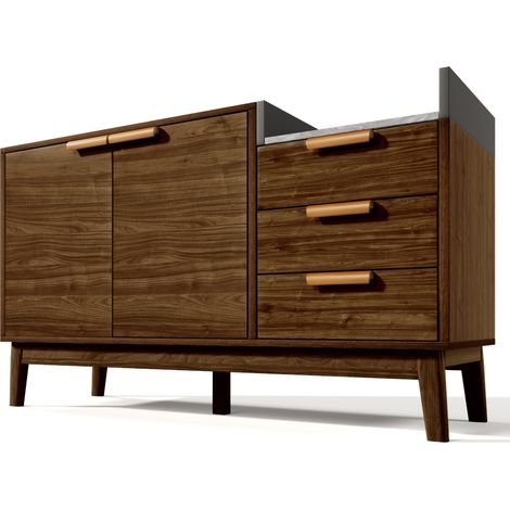 Commode de salon en chêne avec plateau effet marbre, 3 tiroirs, armoire double porte réglable, pieds en bois massif H77 x L120 x P40 cm (1/5)