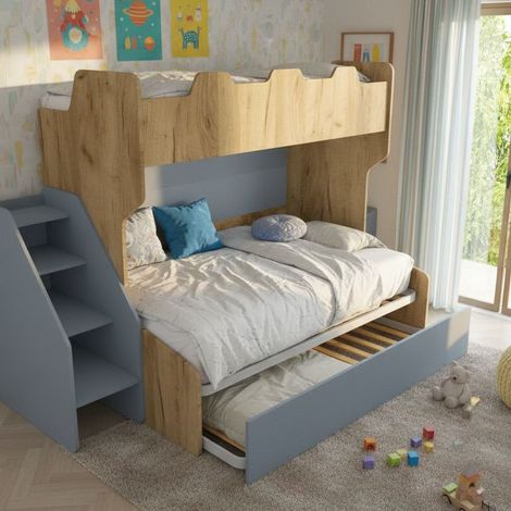 Letto a castello 3 posti con terzo letto estraibile e scaletta contenitore - Una piazza e mezza - Quercia e Avio