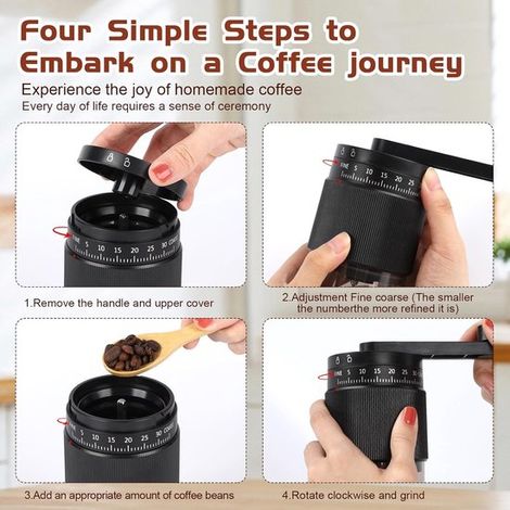 Molinillo de café manual，Molinillo de granos de café，Molinillo portátil de mano，Cuchillas cónicas de cerámica，1 pieza，Negro (1/4)