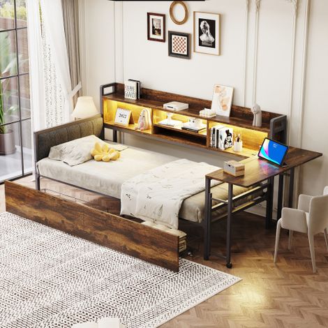 Eisen Sofabett , mit LED-Beleuchtung und Stauraum, mit Schubladen und multifunktionaler Steckdose, Wusklappbarem Schreibtisch, Weicher Rückenlehne, Einzelbett, Holzfarbe