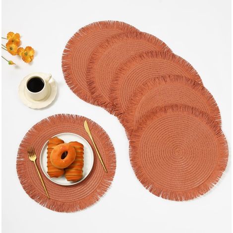 6 runde Platzsets – runde, gewebte Papierplatzsets – hitzebeständig – perfekt für Hochzeiten, Partys, Thanksgiving-Essen und mehr – orangerot (1/5)