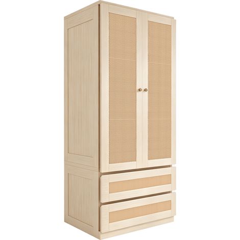 GagaArmoire 70 x 55 x 170 cm, portes effet rotin, 2 tiroirs, bois (1/5)