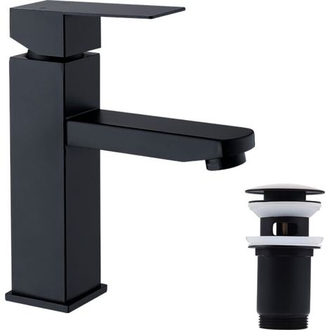Robinet de lavabo noir mat en acier inoxydable – Bonde pop-up à encastrer – Débit 5 L/min – Hauteur 173 mm – Installation monotrou