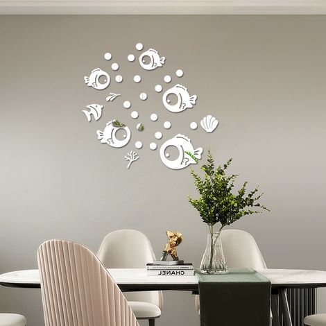 Lntyq Stickers Muraux Poissons et Bulles, Acrylique Miroir Mural Sticker, 3D Autocollant Mural, Décorations Murales Pour Salles de Bains, Salons, Chambres à Coucher (Argent) (1/4)