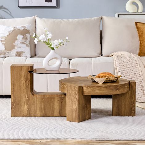Set tavoli rotondi in vetro e MDF 2 pezzi OKMYHOME (1/5)
