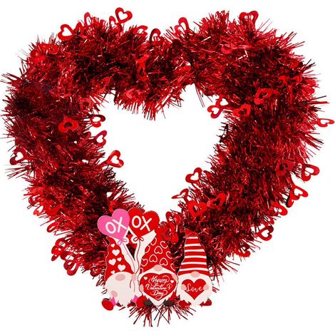 Corona floral en forma de corazón para San Valentín, decoración floral roja colgante, corona floral enana en forma de corazón (sin luces). (1/5)