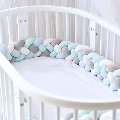 1 pièce Tour de lit bébé, pare-choc tressé en velours, protection lit berceau, pour nouveau-nés, chambre pépinière, gris-blanc-vert-bleu, 1,5 m (1/5)
