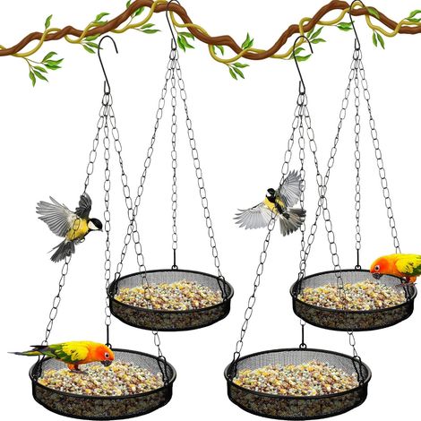 Comedero colgante para pájaros de 4 piezas con plataforma y malla metálica para aves silvestres de exterior - Negro (redondo) (1/3)