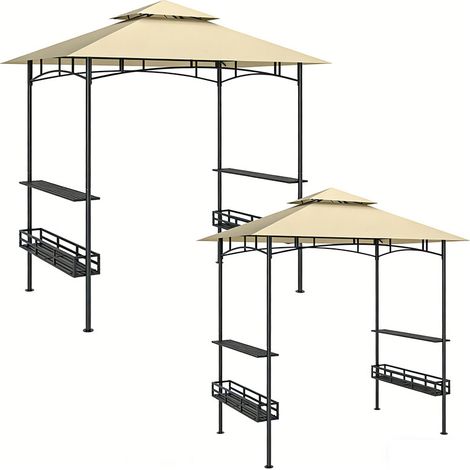 2er-Set  grillpavillon 240 x 150 x 257 cm wasserdicht flammhemmend Gartenpavillon mit Doppeldach, Seitenregalen, Gartenlauben mit UV-Schutz, BBQ Pavillon aus Stahl, Grillzelt für Party BBQ, Beige