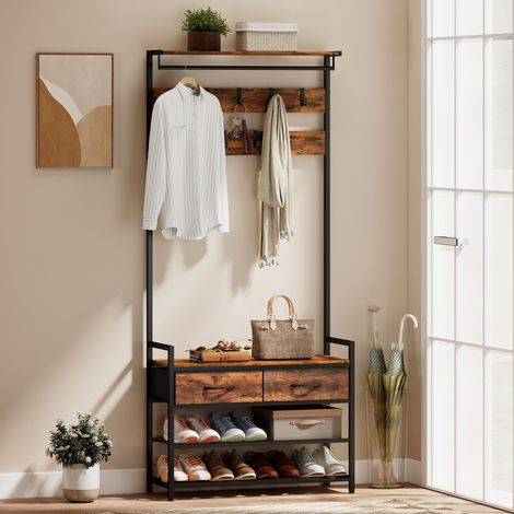 Porte-manteau avec crochets, banc à chaussures, meuble de rangement d'entrée de style industriel, structure en acier, marron rustique