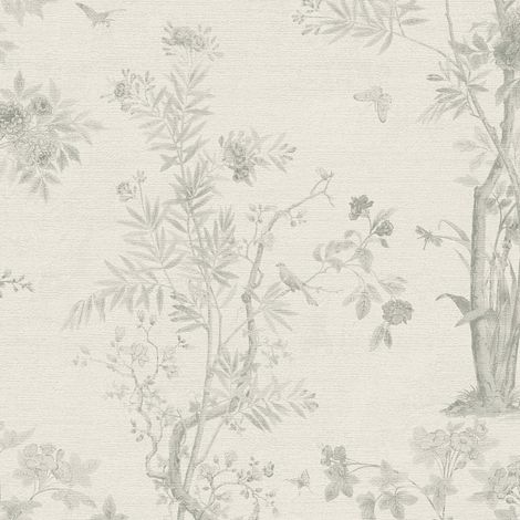 Papel pintado floral Profhome 790437 papel pintado vinílico estampado en caliente tejido non tejido ligeramente texturado con ornamentos florales mate blanco gris 5,33 m2