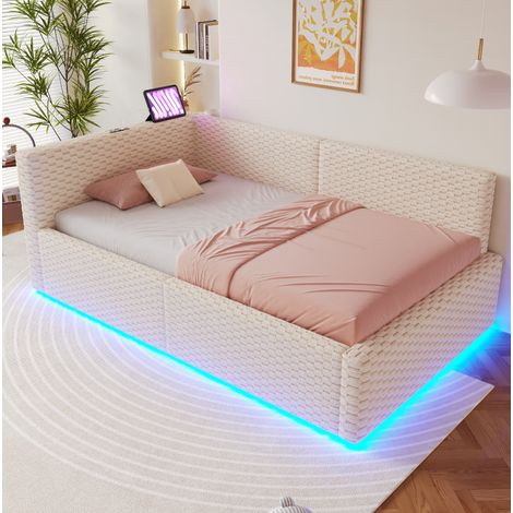 Cama tapizada 90x200 cm con LED, USB-C y 2 USB, terciopelo beige, con almacenaje (1/5)