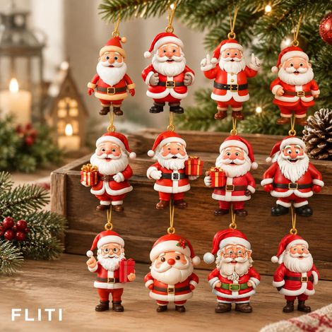FLITI Set mit 12 3D-Weihnachtsmann-Anhängern im Relief-Design, Christbaumschmuckfiguren mit goldenem Haken (1/5)