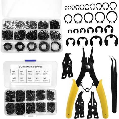 1036 PCS C-clip Anneaux de retenue externes Kit d’anneaux élastiques Acier allié (M3-M25) + Jeu de rondelles de blocage E-clip (M1.5-M10) + Pince à anneau élastique + Pince à épiler (1/4)