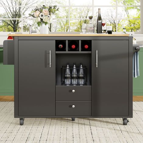 Armoire buffet îlot 120x73x92cm blanc/noir,plan pliable complet avec accessoires de rangement et étagères modulables.