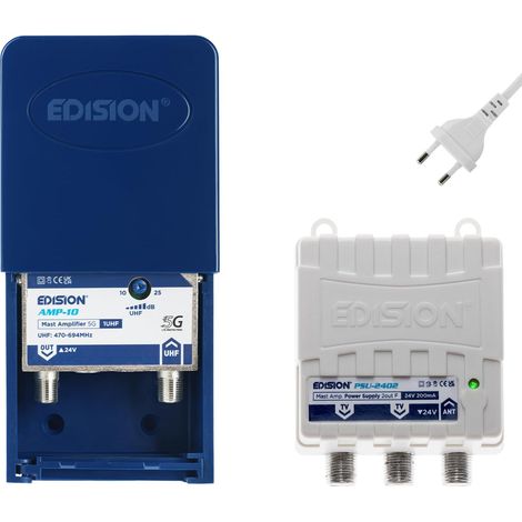 Préamplificateur de mât Antenne TV TNT 1UHF, 10-25db, 107dBmV, 24V, pour Numérique Terrestre DVB-T/T2, avec Filtre 5G LTE + Alimentation 24V 200mA F 2 Sorties (1/5)