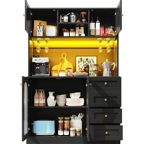 ELVMI Credenza da Cucina con Ante, Cassetti e LED regolabile tramite App, in MDF, 120 x 40 x 188 cm, Nero (1/5)