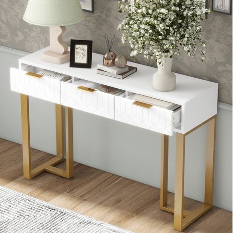 Consola de entrada con cajones, 120 x 36 x 80 cm, MDF, blanco y dorado OKMYHOME (1/5)