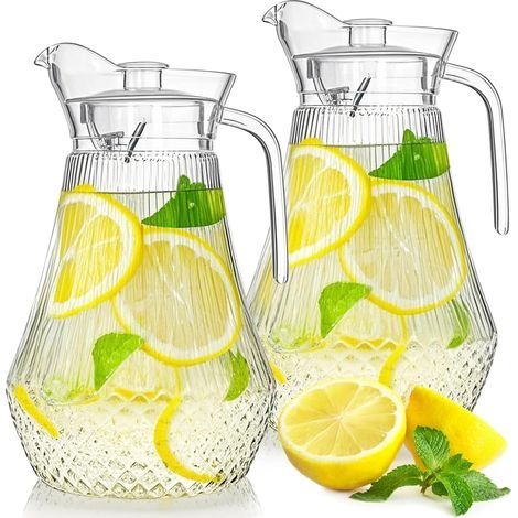 Lot de 2 pichets en acrylique transparent de 1,4 l avec couvercle et bec verseur, carafe à thé glacé pour réfrigérateur, jus, sangria, limonade, résistant à la chaleur, incassable, san (1/5)