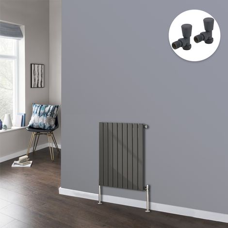 Flat Panel Designer Radiator Bathroom Central Heating Radiators Anthracite with Angled Manual Pair of Valves 600 x 612mm Horizontal Single
