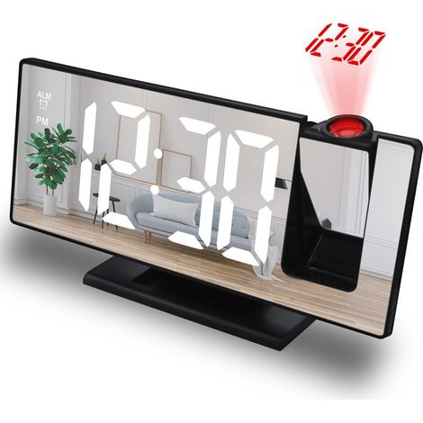 Réveil à Projection Plafond Radio FM - Réveil Electronique Enfant Écran Miroir Double Alarmes Affichage Température Et Humidité 4 Niveaux De Luminosité avec Plug USB-Noir (1/5)