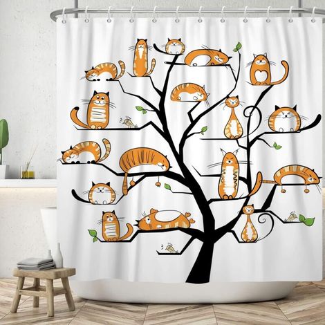 Rideau de Douche Arbre à Chat 150x180cm Ensemble Orange Mignon Chaton Rideau de Bain Aquarelle drôle Animal de Compagnie Chat Rideaux de Douche Lavable