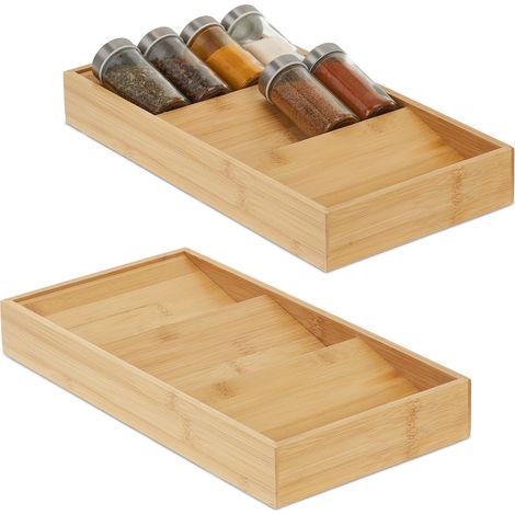 Relaxdays 2x Spice Rack, Drawer, H x W x D: 5 x 20 x 38 cm, 3 Shelves, Bamboo, Natural (1/5)