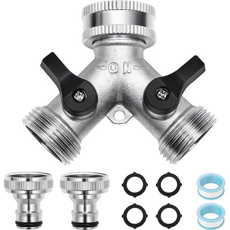 Robinet Double Sortie 3/4", Répartiteur d'eau, Distributeur en Y à 2 Voies avec Vannes Indépendantes pour Jardin, Machine à Laver et Lave-Vaisselle (1/5)