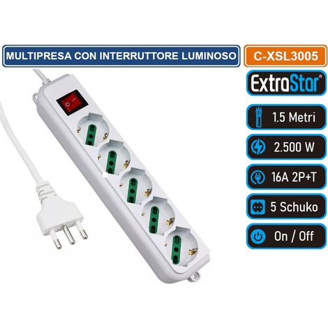 EXTRASTAR MULTIPRESA 5 POSTI SCHUKO 250V COLORE BIANCO CON INTERRUTTORE LUMINOSO 3500W 10/16A