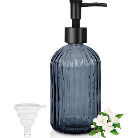 Distributeur de savon en verre - 400 ml - Moderne - Pour salle de bain et cuisine - Avec pompe en plastique noir et entonnoir - Distributeur de savon liquide - Bleu gris (1/5)