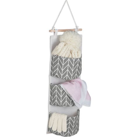 Relaxdays Organizador Colgante, 3 Bolsillos, Algodón, 74 x 20 cm, Almacenamiento Pared Baño, Pasillo, Oficina, Gris